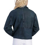 Women’s Deep Teal Blue Cropped Button-Up Leather Jacket