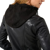 Black Cafe Racer Womens Hooded Leather Jacket