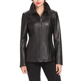 Women's Black Shirt Collar Zip Up Leather Jacket