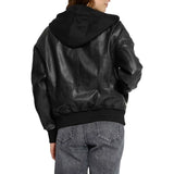 Women's Black Hooded Leather Bomber Jacket