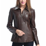 Women's Brown Shirt Collar Zip Up Leather Jacket
