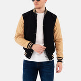 Men's Black and Beige Lettermen Varsity Bomber Jacket