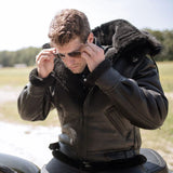 Men’s Black Hooded Shearling Leather Bomber Jacket