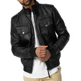 Men's Versatile Black Trucker Leather Bomber Jacket