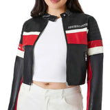 Women's Cropped Black and Red Racing Leather Jacket
