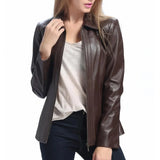 Women's Brown Shirt Collar Zip Up Leather Jacket