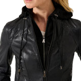 Black Cafe Racer Womens Hooded Leather Jacket