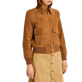 Womens Camel Lauren Brown Suede Bomber Jacket