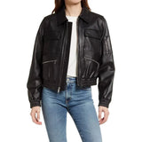 Women’s Black Zip Front Leather Bomber Jacket