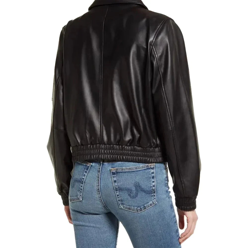Women’s Black Zip Front Leather Bomber Jacket