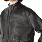 Women's Black Stand Collar Leather Bomber Jacket