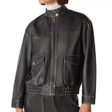 Women's Black Stand Collar Leather Bomber Jacket