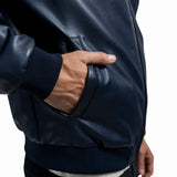 Men’s Navy Blue Leather Bomber Jacket