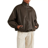 Women's Olive Green Leather Bomber Jacket
