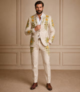 Men's Cream Embroidered Tailored 2 Piece Suit - Basaad Bespoke