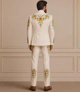 Men's Cream Embroidered Tailored 2 Piece Suit Back - Basaad Bespoke