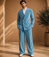 Men's Sky Blue Velvet Double Breasted Suit - Basaad Bespoke