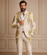 Shop Men's Cream Embroidered Tailored 2 Piece Suit - Basaad Bespoke