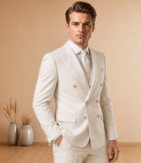 Shop Men's Off White 3 Piece Double Breasted Suit - Basaad Bespoke