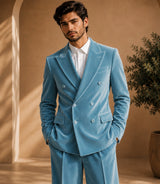 Shop Men's Sky Blue Velvet Double Breasted Suit - Basaad Bespoke