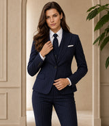 Shop Women's Navy Pinstripe 3 Piece Suit - Basaad Bespoke