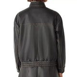 Women's Black Stand Collar Leather Bomber Jacket