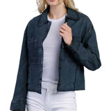 Women’s Deep Teal Blue Cropped Button-Up Leather Jacket