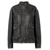 Women's Black Stand Collar Leather Bomber Jacket
