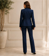 Women's Navy Blue Cotton Pinstripe 3 Piece Suit Back - Basaad Bespoke