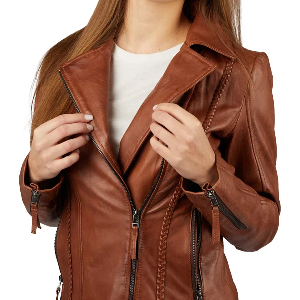 Women's Asymmetrical Cognac Motorcycle Leather Jacket