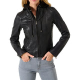 Black Cafe Racer Womens Hooded  Leather Jacket