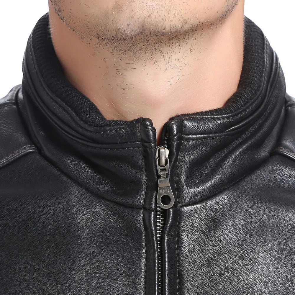 Men's Real Lambskin Black Leather Bomber Jacket
