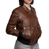 Womens A2 Distressed Aviator Cockpit Brown Bomber Leather Jacket