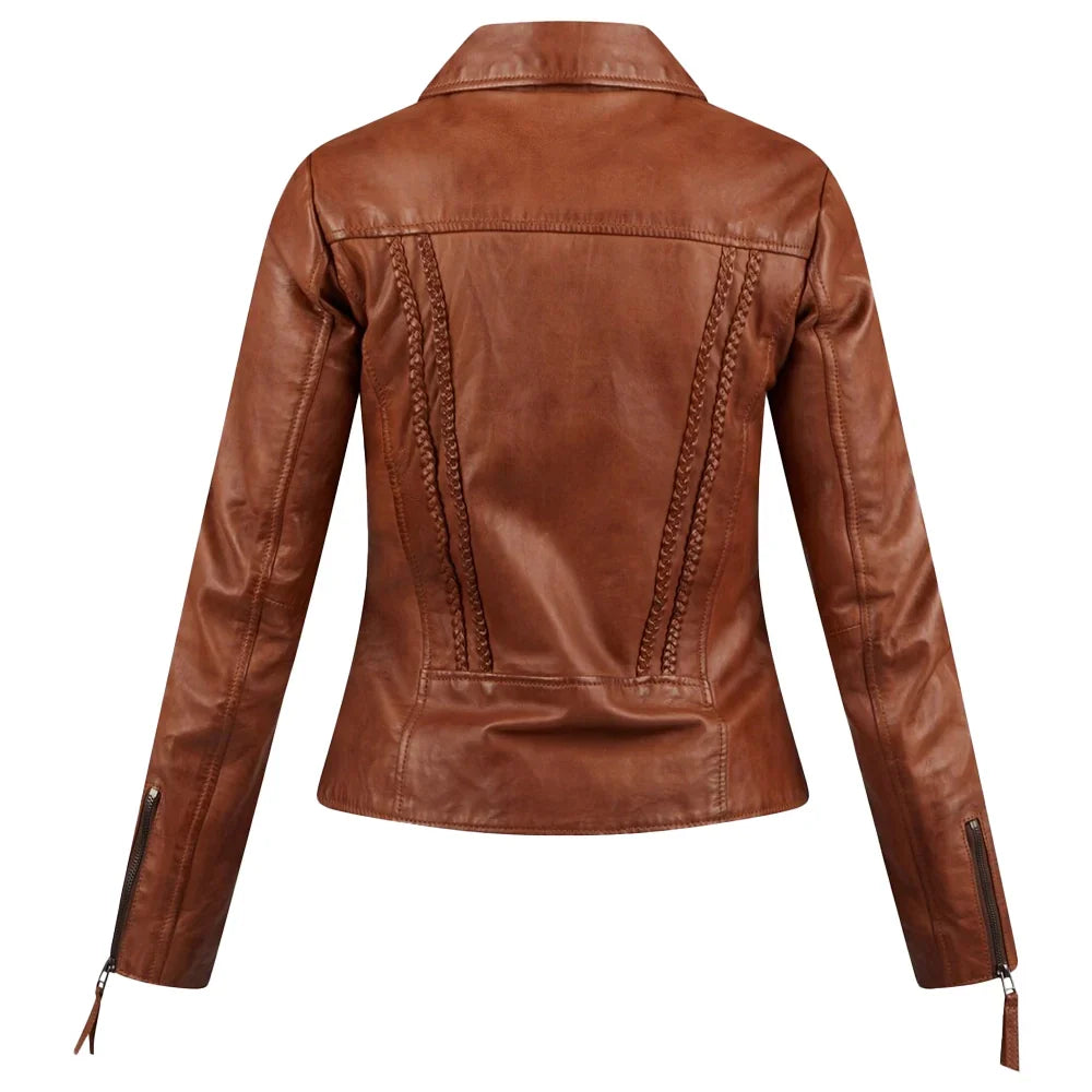 Women's Asymmetrical Cognac Motorcycle Leather Jacket