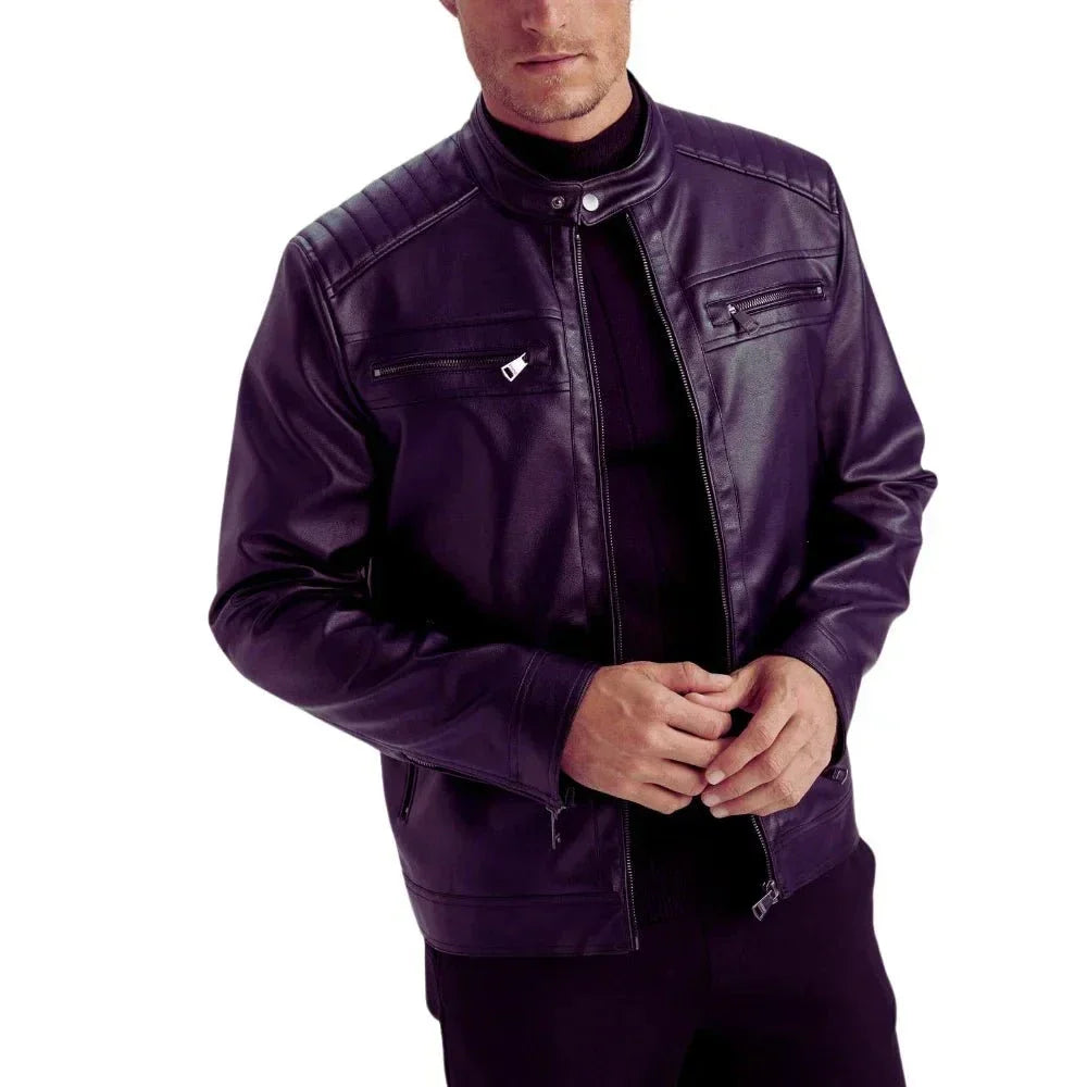 Men's Purple Quilted Biker Leather Jacket