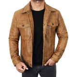 Men's Camel Brown Trucker  Leather Jacket