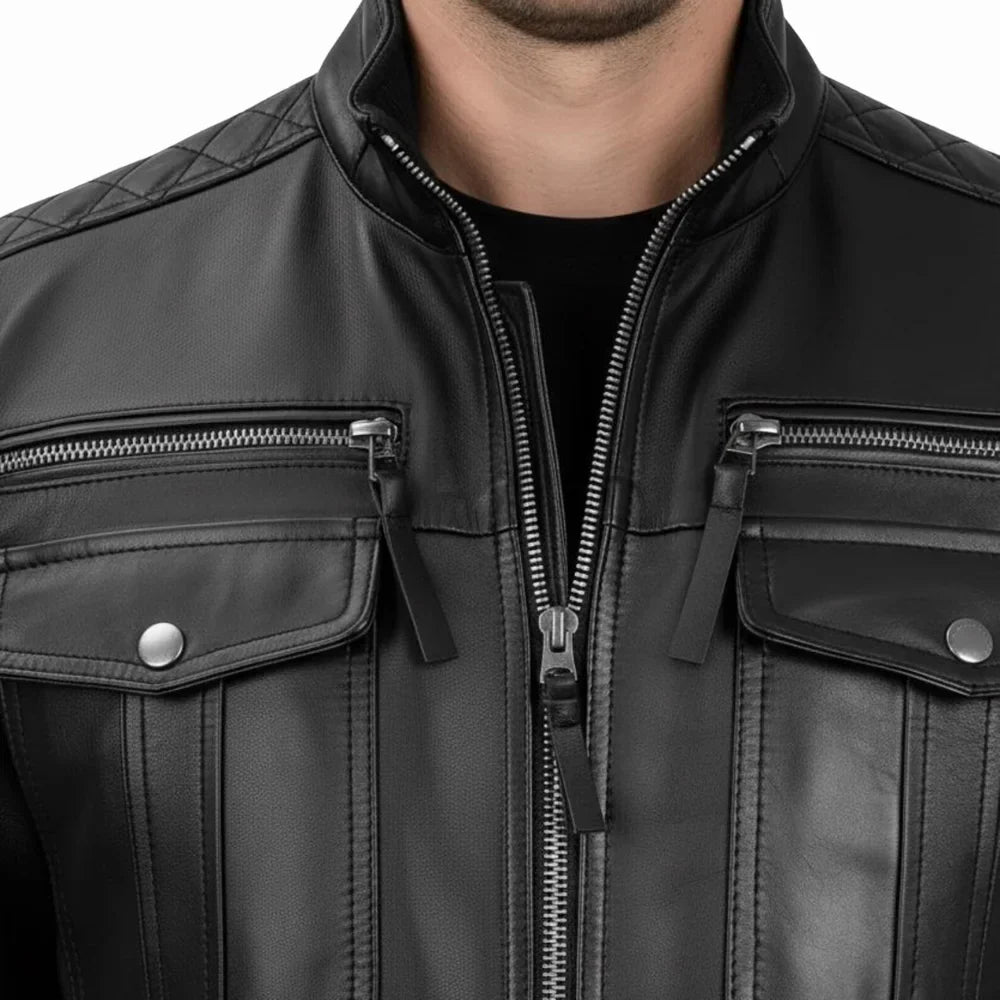 Men's Black Double Pockets Cafe Racer Real Leather Jacket