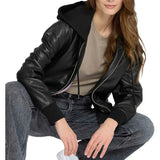 Women's Black Hooded Leather Bomber Jacket