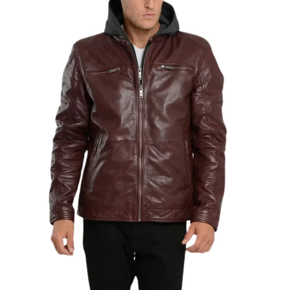 Men's Maroon Bomber Hooded Leather Jacket