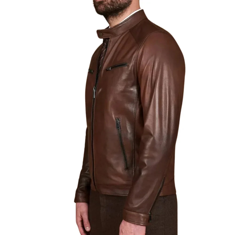 Men’s Real Lambskin Chocolate Brown Biker Leather Jacket
