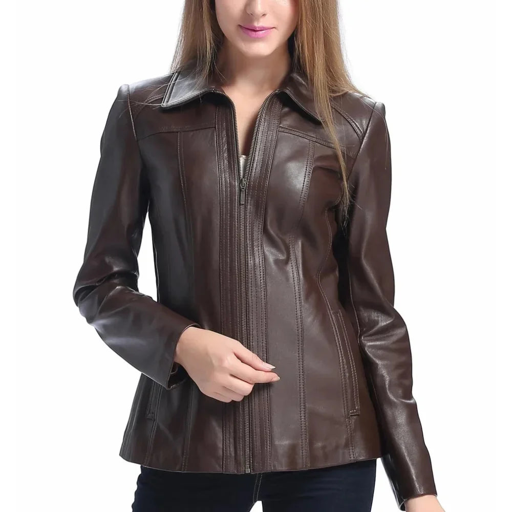 Women's Brown Shirt Collar Zip Up Leather Jacket
