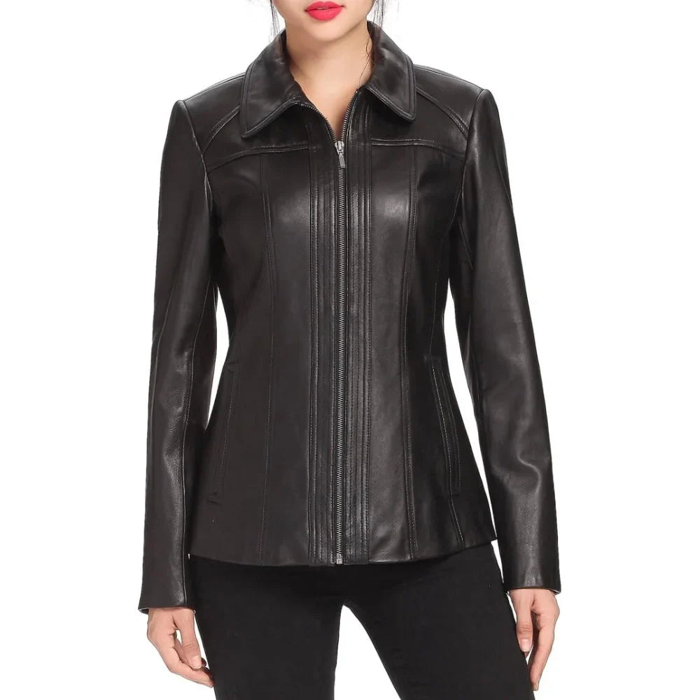 Women's Black Shirt Collar Zip Up Leather Jacket