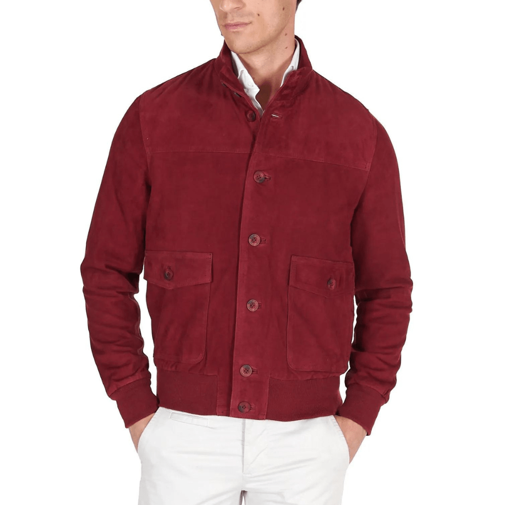 Men's High Neck Red Suede Leather Bomber Jacket