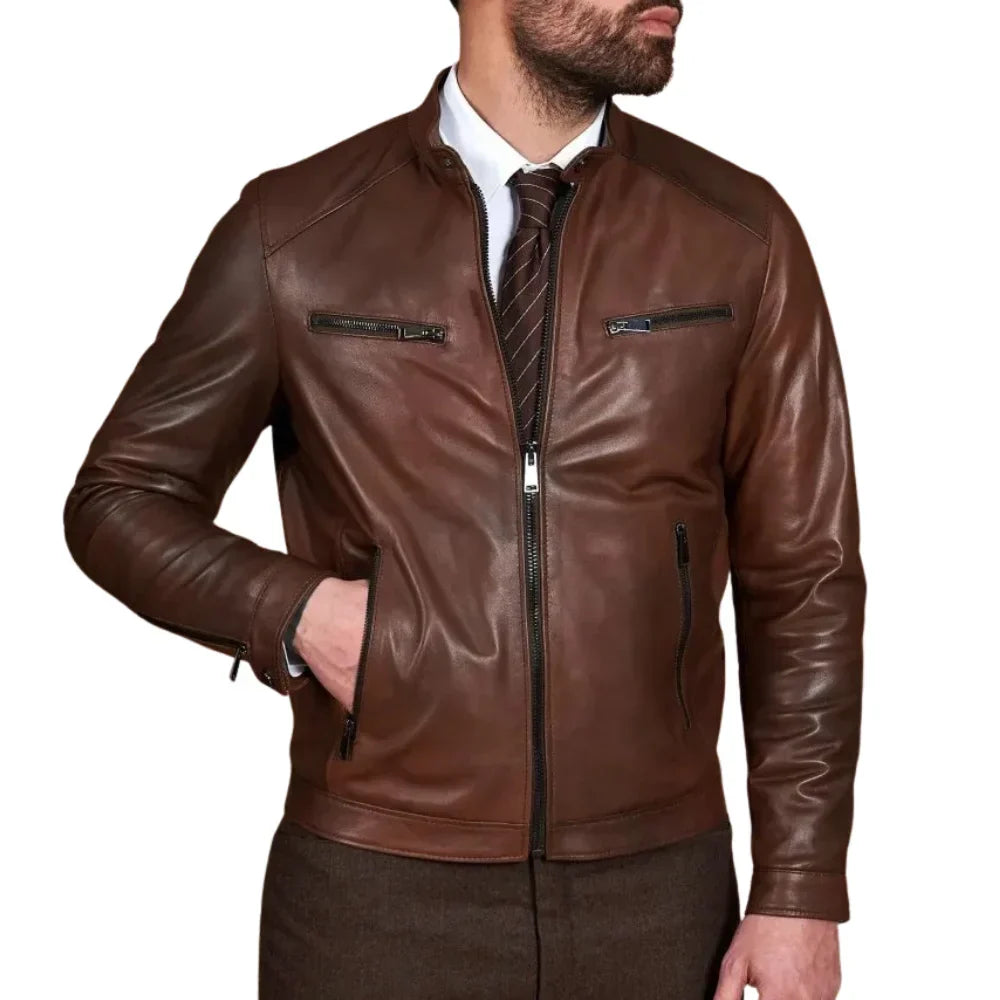 Men’s Real Lambskin Chocolate Brown Biker Leather Jacket