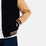 Men's Black and Beige Lettermen Varsity Bomber Jacket