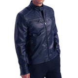 Mens Genuine Lambskin Blue Café Racer Leather Jacket