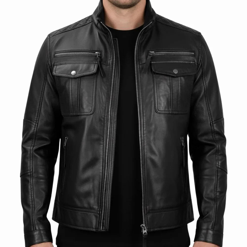 Men's Black Double Pockets Cafe Racer Real Leather Jacket