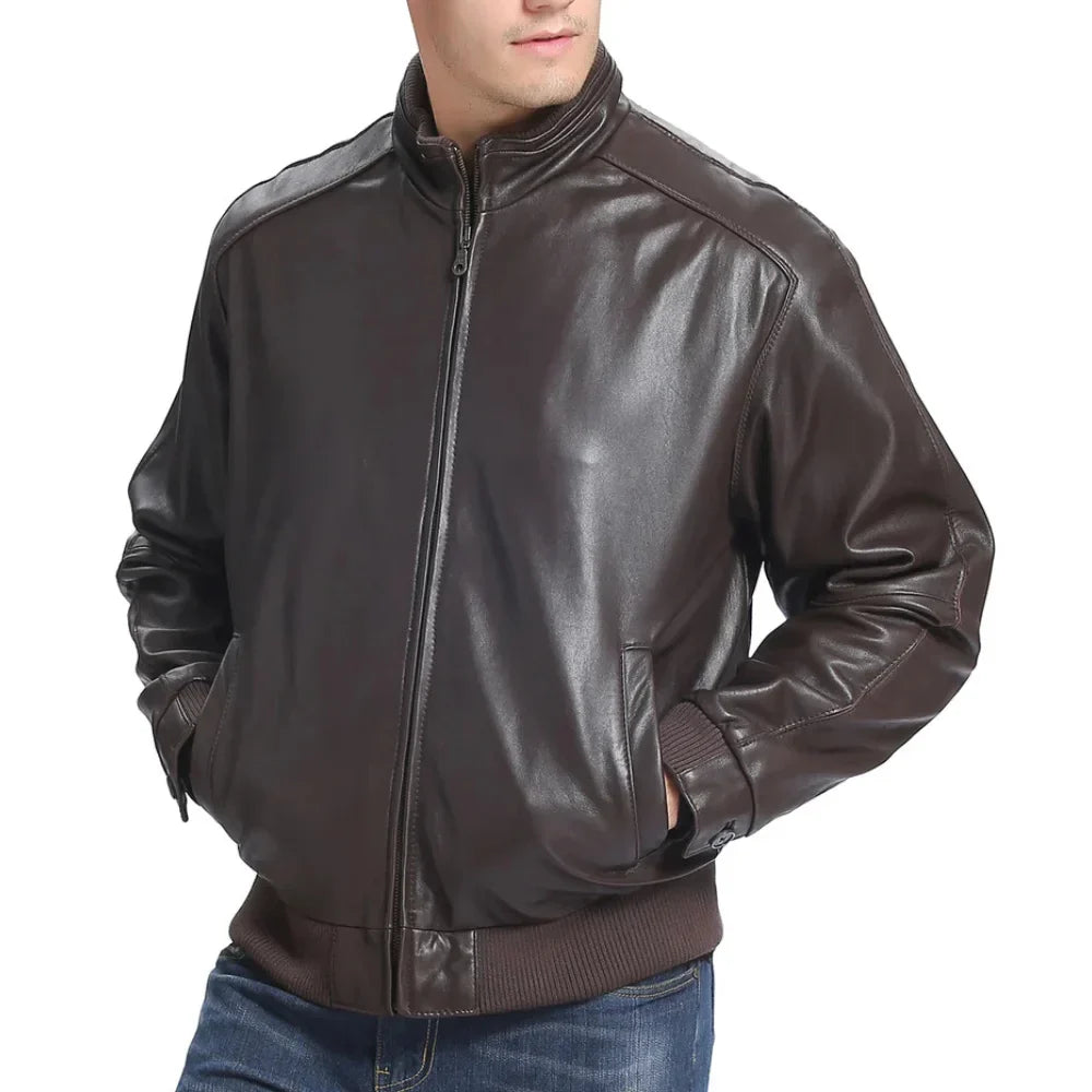 Men's Classic Fit Lambskin Leather Bomber Jacket