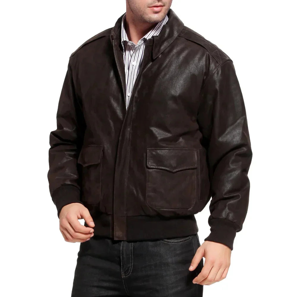 Men's Distressed Brown Leather A2 Bomber Jacket