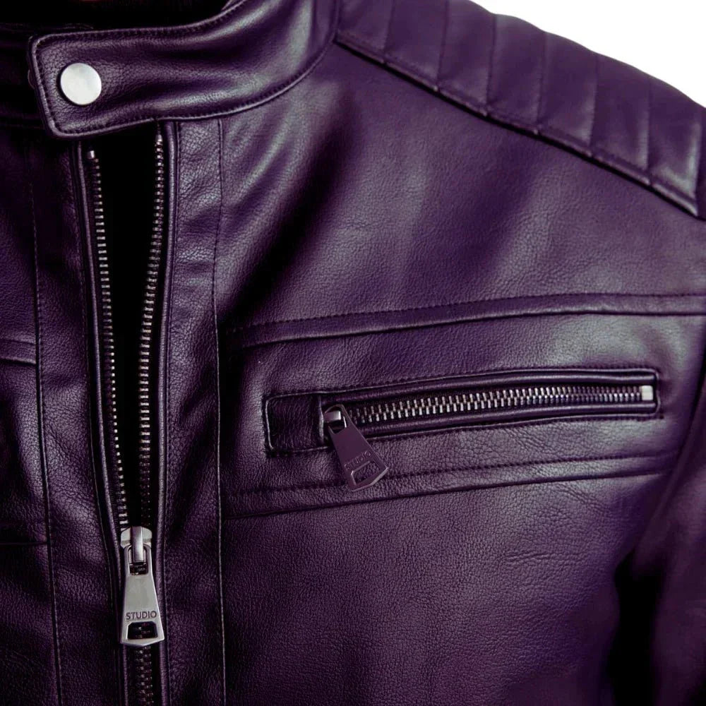 Men's Purple Quilted Biker Leather Jacket